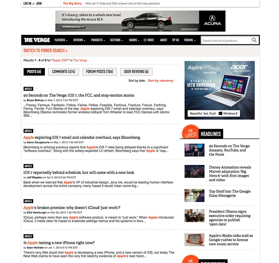 search page results screen from TheVerge.com as an example of the website search page design pattern