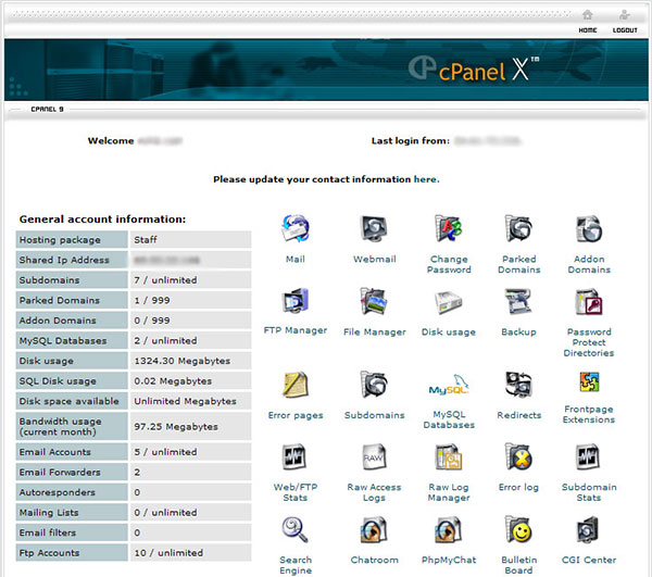 CPanel Screen with Lots of Icons